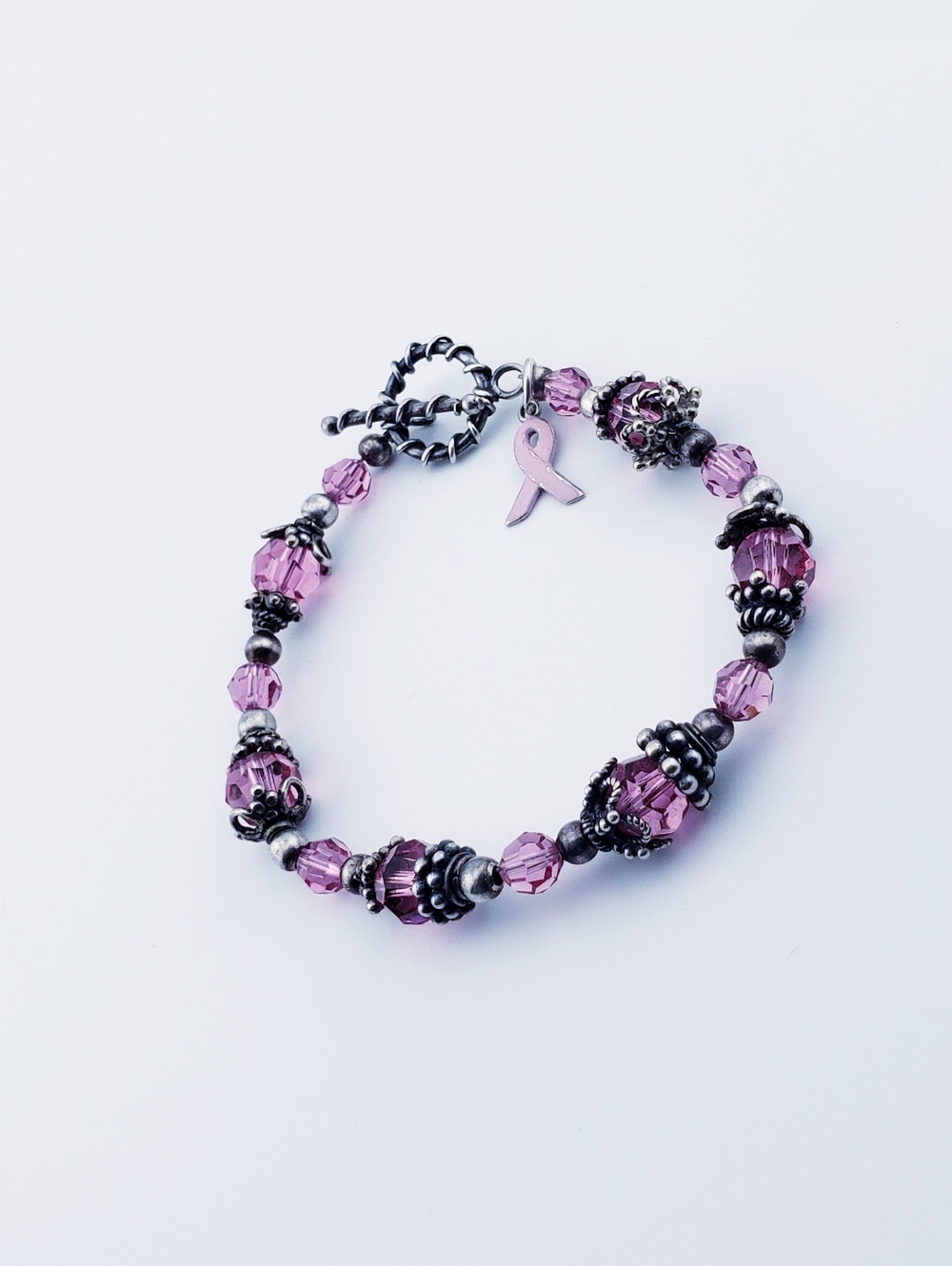 Beautiful Pink Glass Crystal Breast Cancer Awareness Ribbon Bracelet - Picture 4 of 6